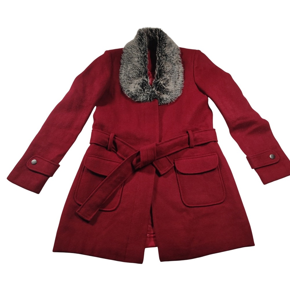 DTSARF Womens Red Wool Blend Belted Trench Coat Faux Fur Collar Burgundy 9400863